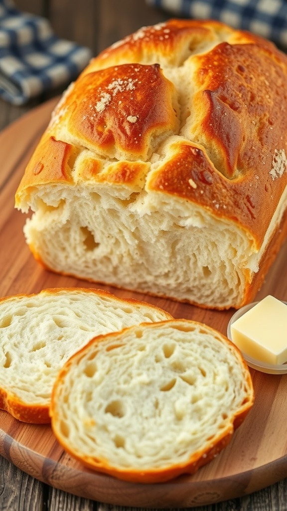 A loaf of homemade yogurt bread sliced on a wooden board with butter.